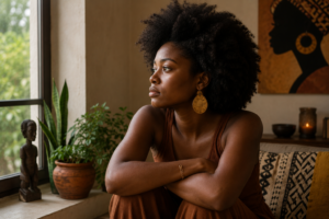 Mulher negra em reflexão sobre saúde mental e racismo